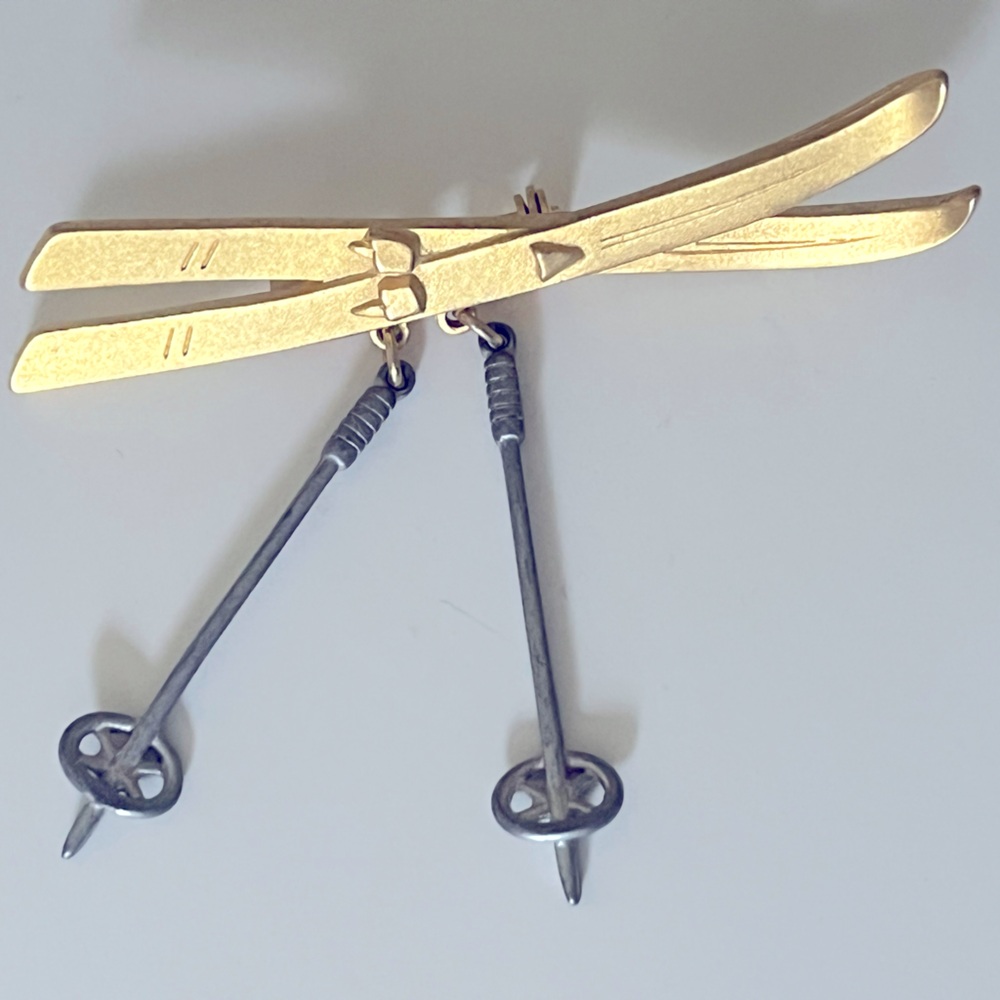 Vintage M Jent Brooch‎ Pin Snow Skiis Dangling Poles Signed Gold Silver Tone